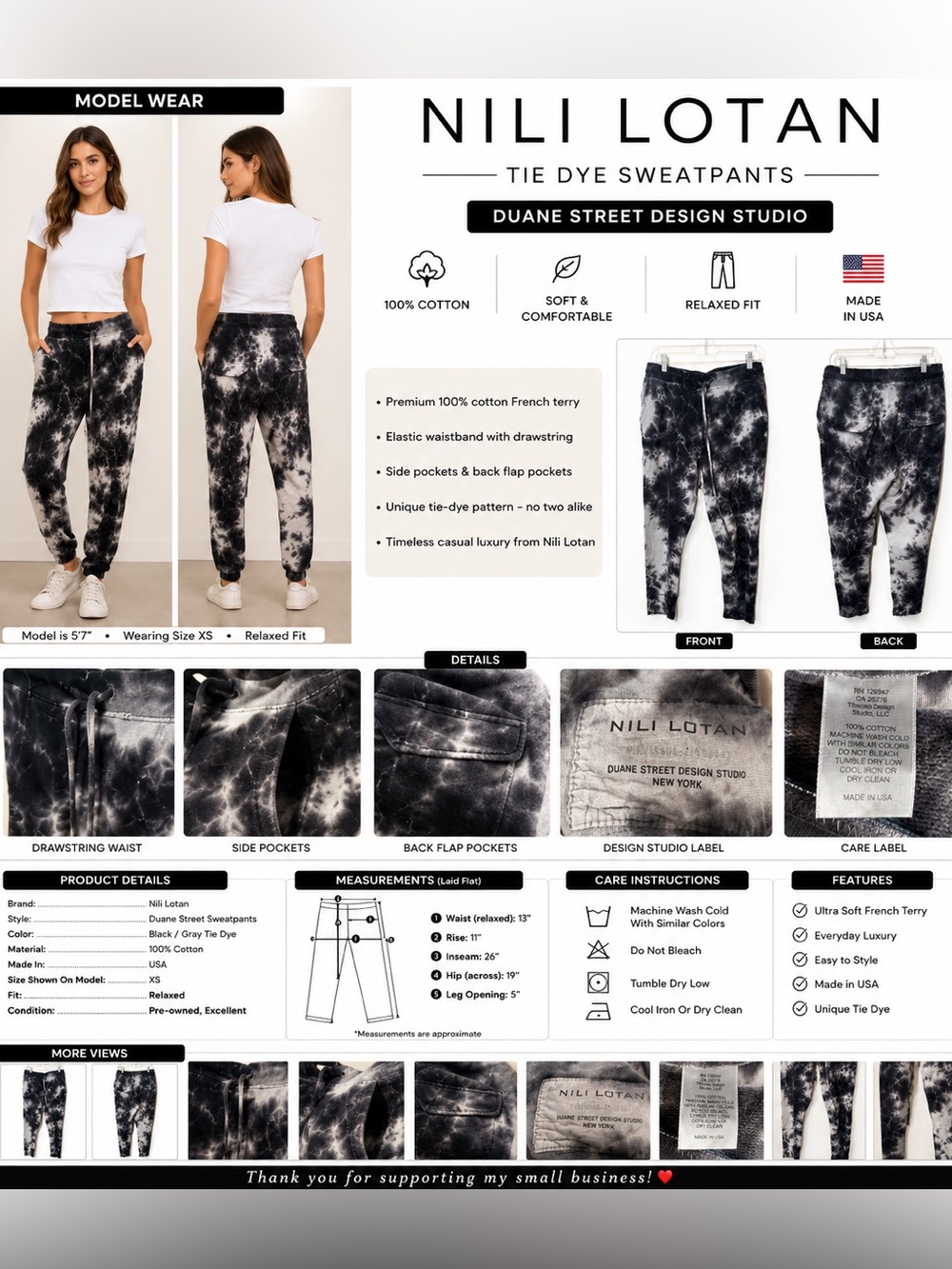 Nili Lotan Tie Dye Jogger Sweatpants Black Gray Cotton Made in USA Women's M